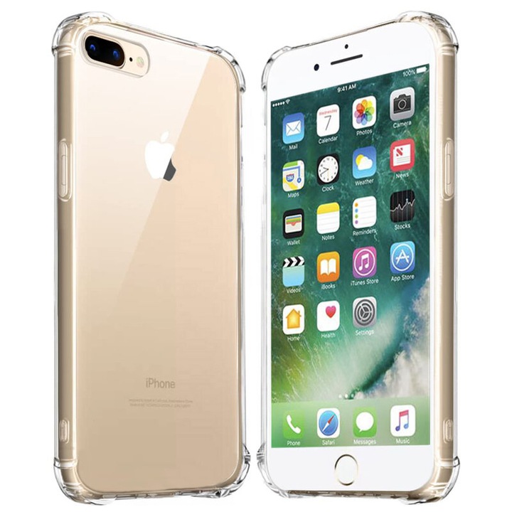 Husa protectie Mat-Tech compatibila cu iPhone 7 Plus / 8 Plus, Colturi anti-drop, Decupaje Precise, Rezistenta la impact, Margini ridicate pentru protectia ecranului, Transparenta