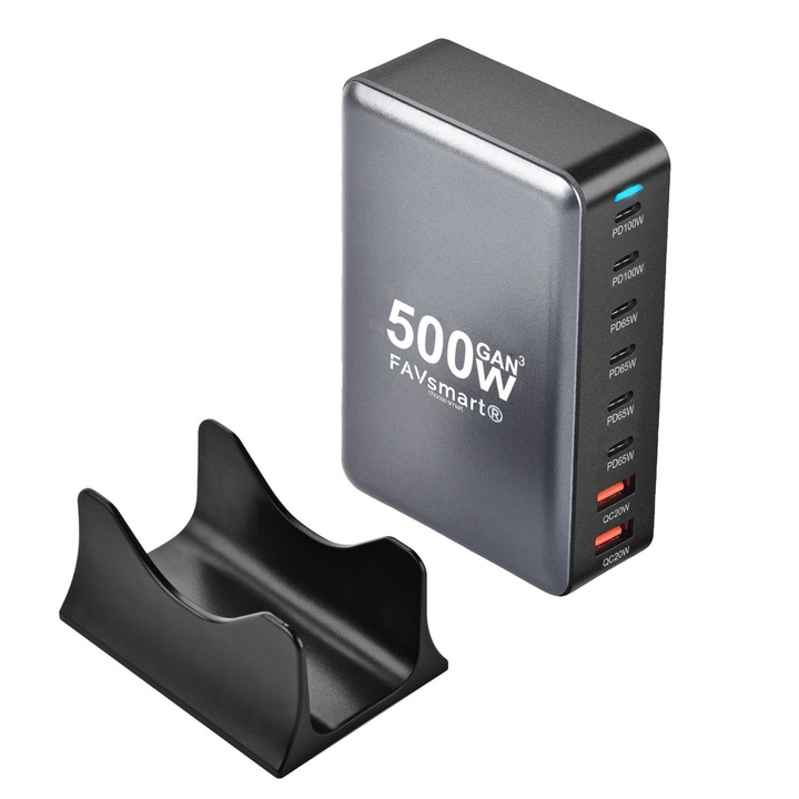Incarcator Multiport FAVsmart GaN PRO 500W, 8-in-1 (6x USB-C PD, 2x USB-A QC3.0), Incarcare Simultana, Protectie Inteligenta, Racire Eficienta, Compact, Compatibil Laptop, Telefon si Tableta, Negru
