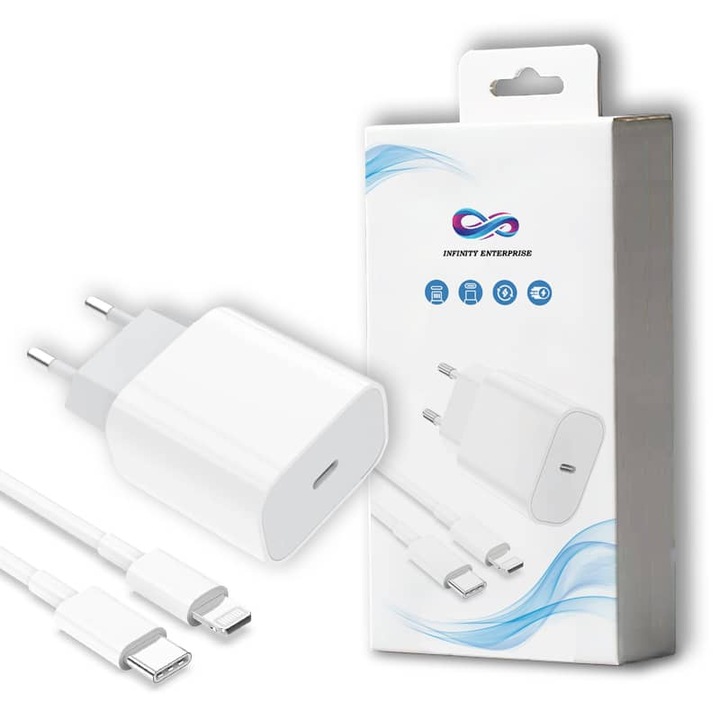 Aljzatos töltő + Gyorstöltő adatkábel 20W Infinity Enterprise, Gyorstöltés Apple Phone-hoz, kompatibilis iPhone-nal, iPad-el, Airpods Gyorstöltés, C típustól Lightningig, 1 m, Fehér szín