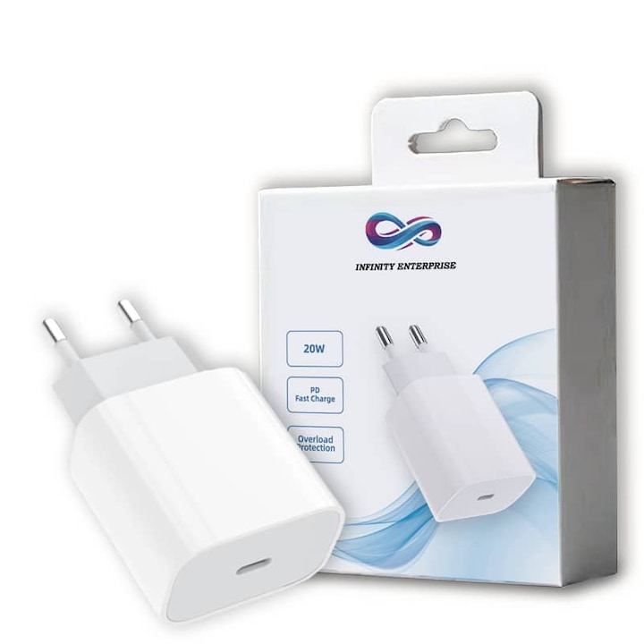 Зарядно устройство Infinity Enterprise, Fast Charge Type USB-C, бързо зареждане, съвместими Huawei, Samsung, iPhone 16/16 Plus/16 Pro/16 Pro Max, Xiaomi, Oppo, OnePlus, Nokia, Sony, Honor, Motorola, HTC, Realme Множество защити, бял цвят
