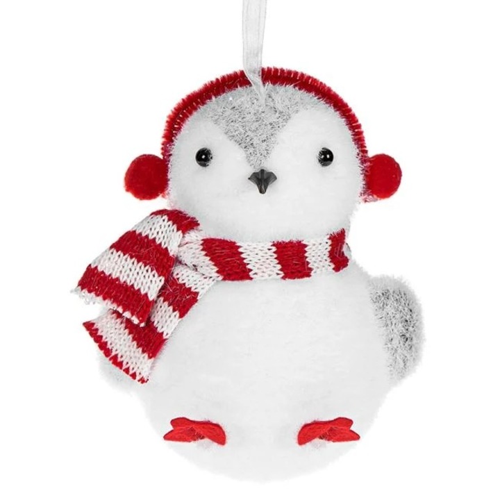 Ornament Brad de Craciun Antbro® pinguin din spuma alba cu fular cu dungi si casti rosii, 13cm