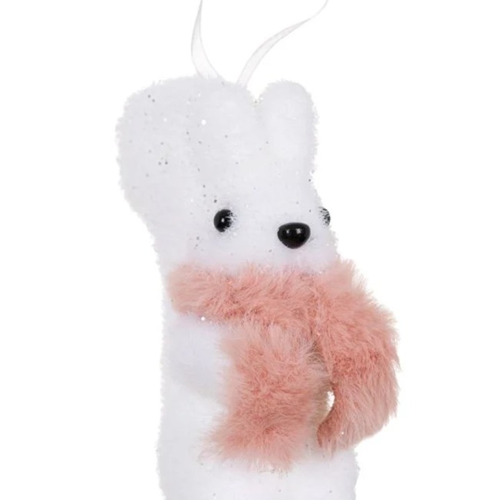 Ornament Brad de Craciun Antbro® veverita alba din spuma cu fular roz nude, 11cm