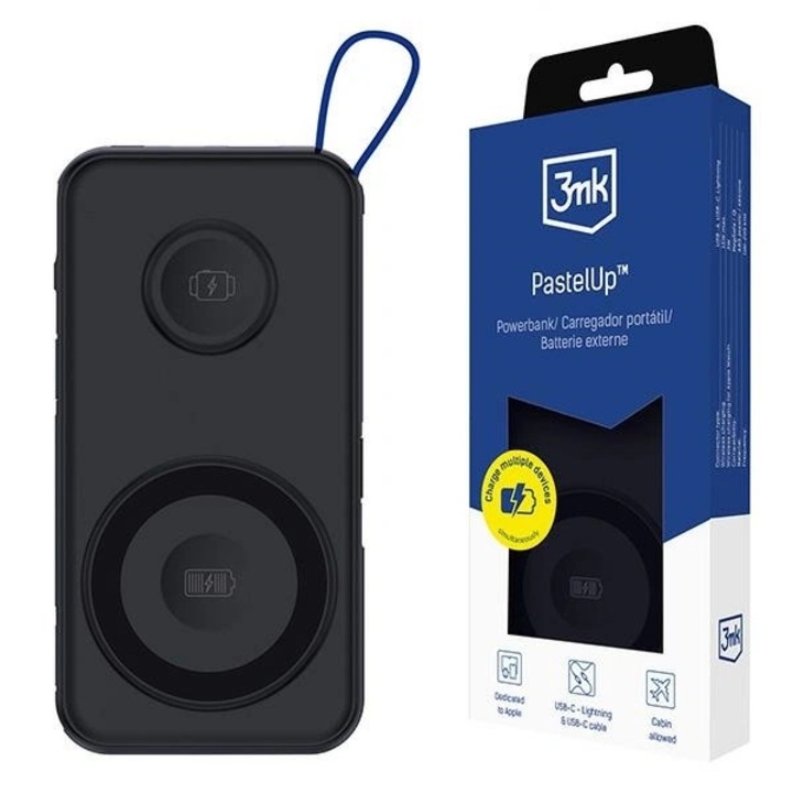 Baterie Externa Wireless 3MK PastelUp, 10000mAh, 22.5W, QC + PD + FQI, 1 x USB-A - 1 x USB-C - 2 x QI, Neagra