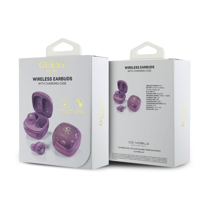 Căști wireless GUESS GUTWSJ144ESU 4G Logo Mini TWS, Bluetooth, violet