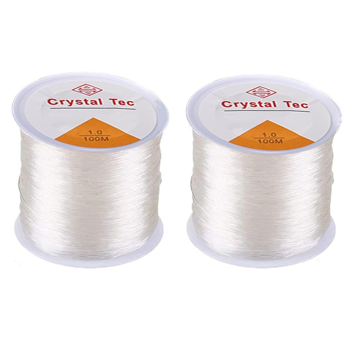 Snur elastic pentru fabricarea de bijuterii/bratari, Hggzeg, Set 2 Fir Elastic Rotund, Rezistenta la uzura, Elasticitate ridicata, Usor de innodat, Diamentru 1mm, TPU/Plastic, Lungime 100m, Transparent