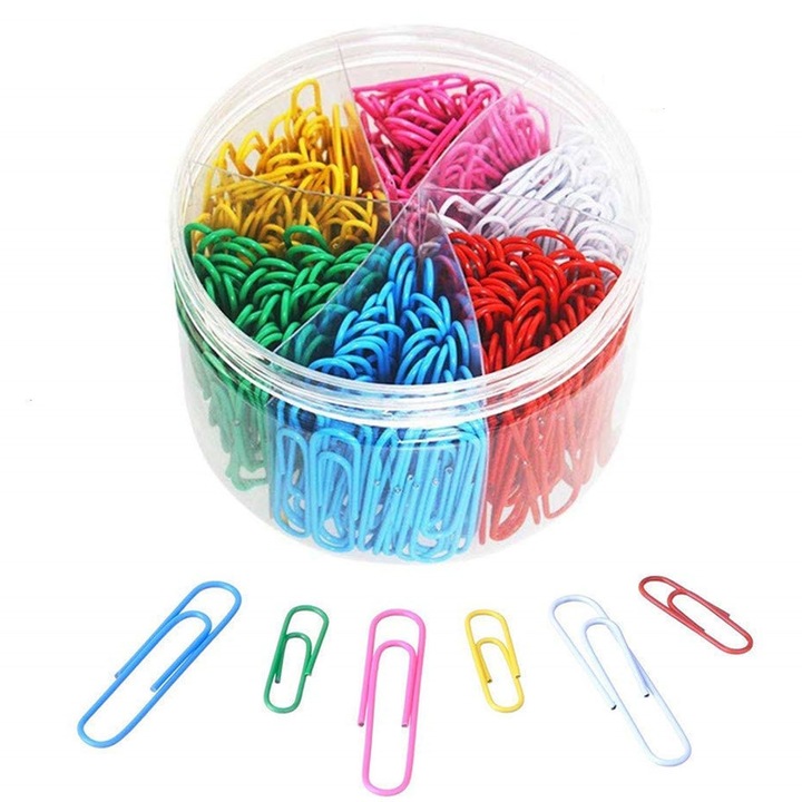 Комплект от 450 офисни кламери, Hggzeg, закръглени, с кутия с отделения, лесни за съхранение, издръжливост и устойчивост на ръжда, с пластмасово покритие, за офиса, училището и дома, метал/пластмаса, 28 мм/50 мм, многоцветни