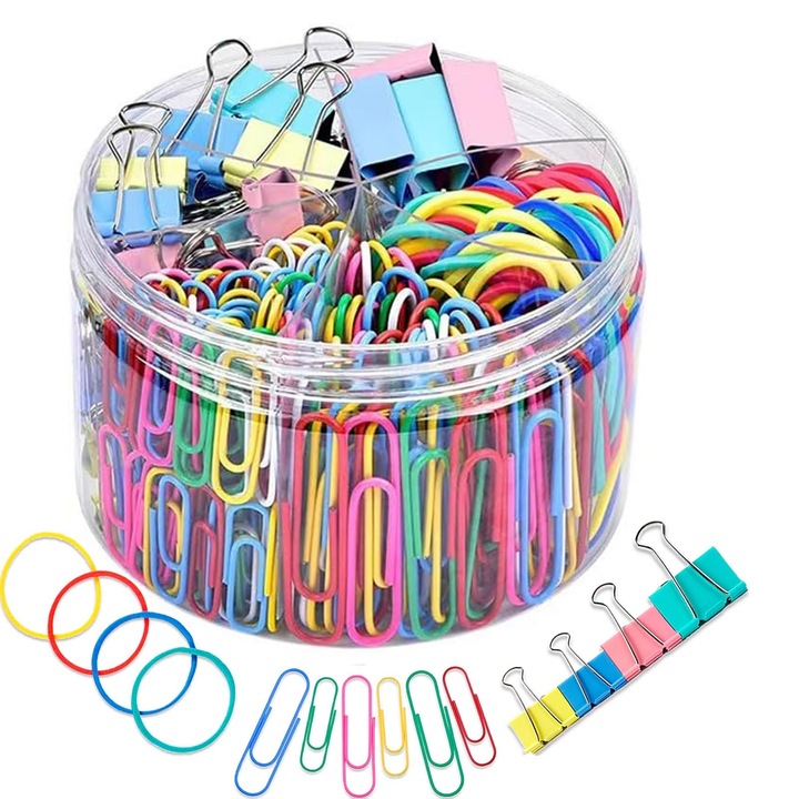 Set clipsuri metalice, Hggzeg, Clips Metalic Binder, Set 250 Agrafe de Hartie si Set de Lianti, Cu banda de cauciuc, plastic box, Fixeaza, Durabilitate si rezistenta la rugina, Pentru birou, scoala si acasa, Cauciuc, 5 dimensiuni, Multicolor