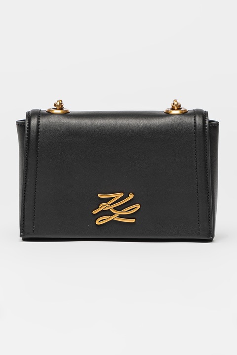 Karl Lagerfeld, Geanta crossbody din piele cu bareta din lant Autograph, Negru