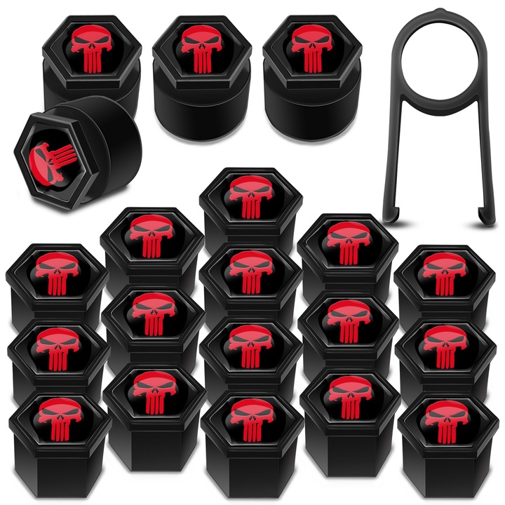 SkinoEu Kerékanya kupakkészlet, 19 mm, Univerzális, Fekete / Piros, Koponya, LB 8, 16 db + 4 db. záróanyákhoz