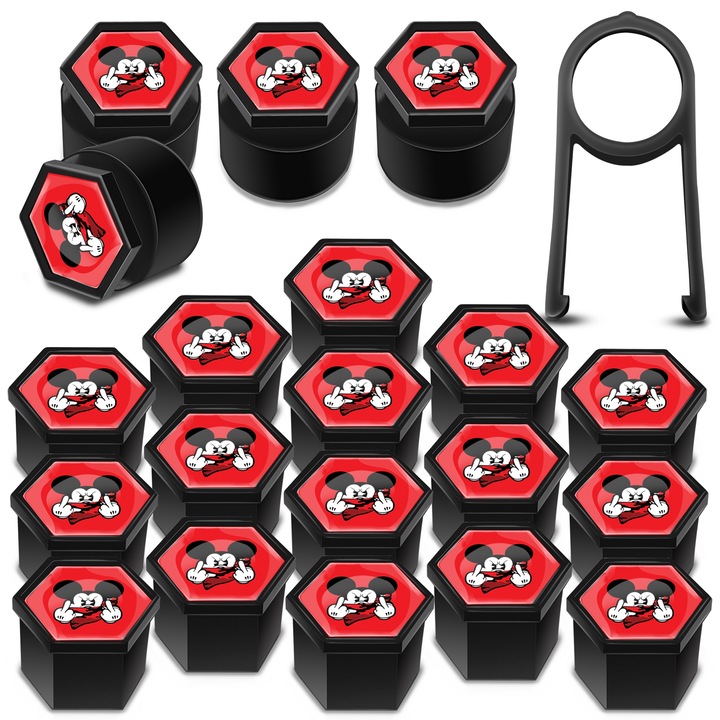 SkinoEu kerékanya sapkák készlet, 19 mm, Univerzális, Fekete / Piros, Mickey Mouse, LB 11, 16 db + 4 db. záróanyákhoz
