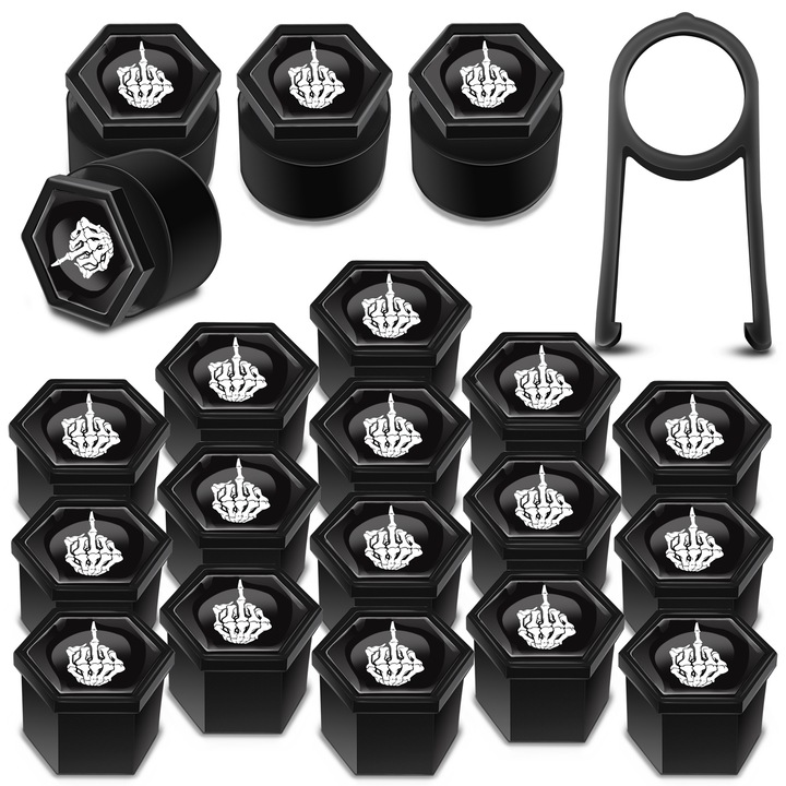 SkinoEu kerékanya kupakkészlet, 19 mm, Univerzális, Fekete / Fehér, Koponya, LB 17, 16 db + 4 db. titkos dióért