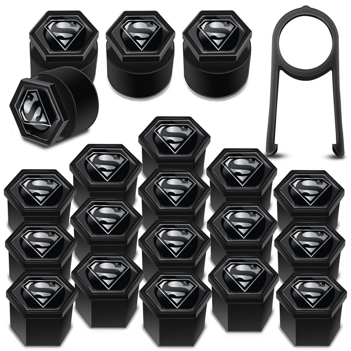 Kerékanya-sapkák készlet SkinoEu, 19 mm, Univerzális, Fekete / Ezüst, LB 22, 16 db + 4 db. titkos dióért