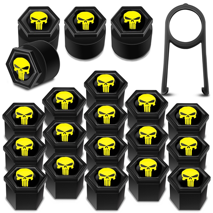 Kerékanya kupak készlet SkinoEu, 19 mm, Univerzális, Koponya, Fekete / Sárga, LB 35, 16 db + 4 db. záróanyákhoz