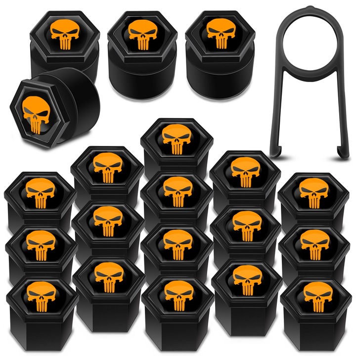 SkinoEu kerékanya sapkák készlet, 19 mm, Univerzális, Koponya, Fekete / Narancs, LB 37, 16 db + 4 db. záróanyákhoz