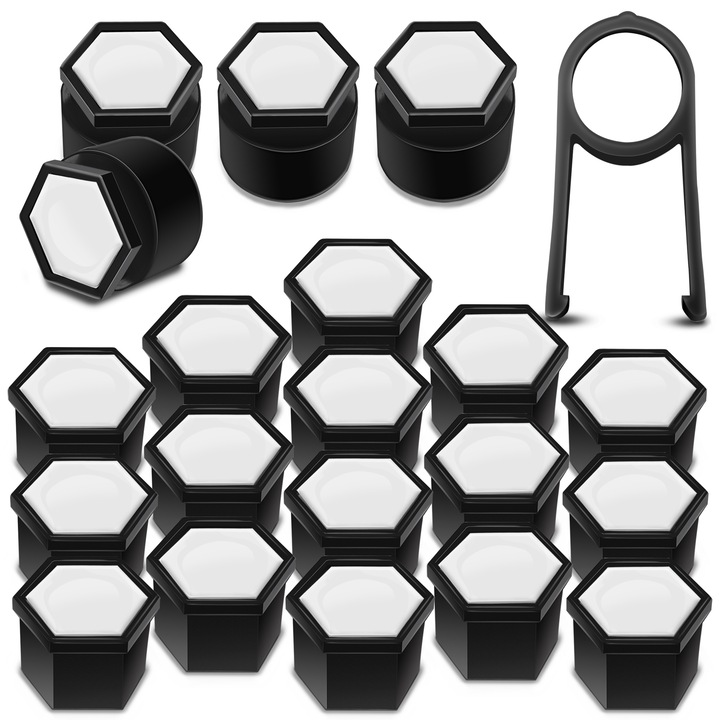 Kerékanya-sapkák készlet SkinoEu, 19 mm, Univerzális, Fekete / Fehér, LB 5, 16 db + 4 db. záróanyákhoz