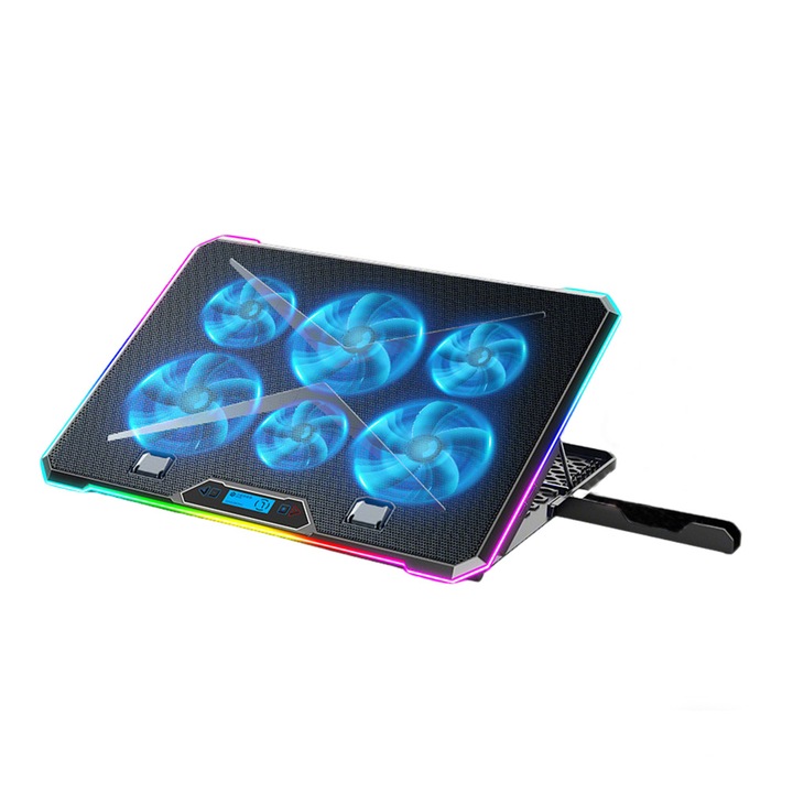 Cooler pentru laptop, suport pentru laptop, radiator, Fudisenn®, reglare a inaltimii pe 8 niveluri, potrivit pentru laptopuri de 14-18 inch, porturi USB duale, cu suport pentru telefon si afisaj LED, 7 efecte de iluminare RGB, 6 ventilatoare, negru