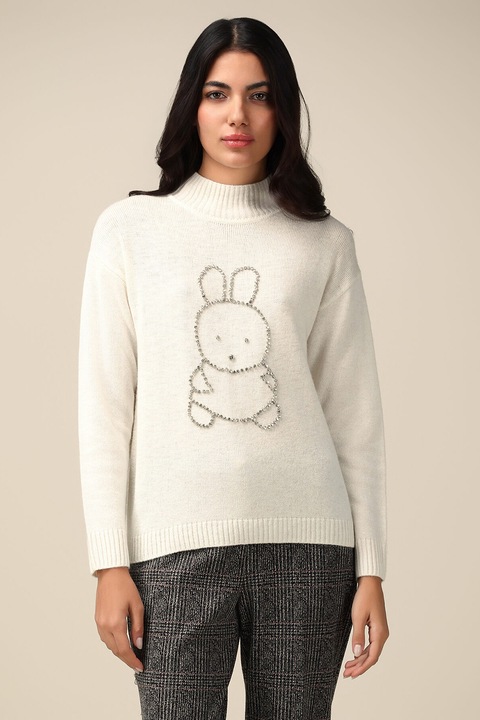 Oltre, Pulover din amestec de lana decorat cu strasuri, Crem/Argintiu, M