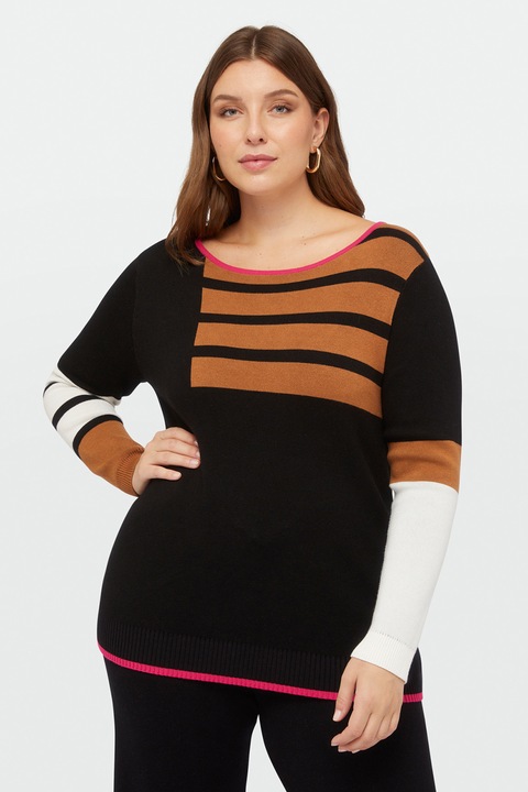 Fiorella Rubino, Pulover tricotat fin cu dungi, Alb/Maro inchis/Negru, XL