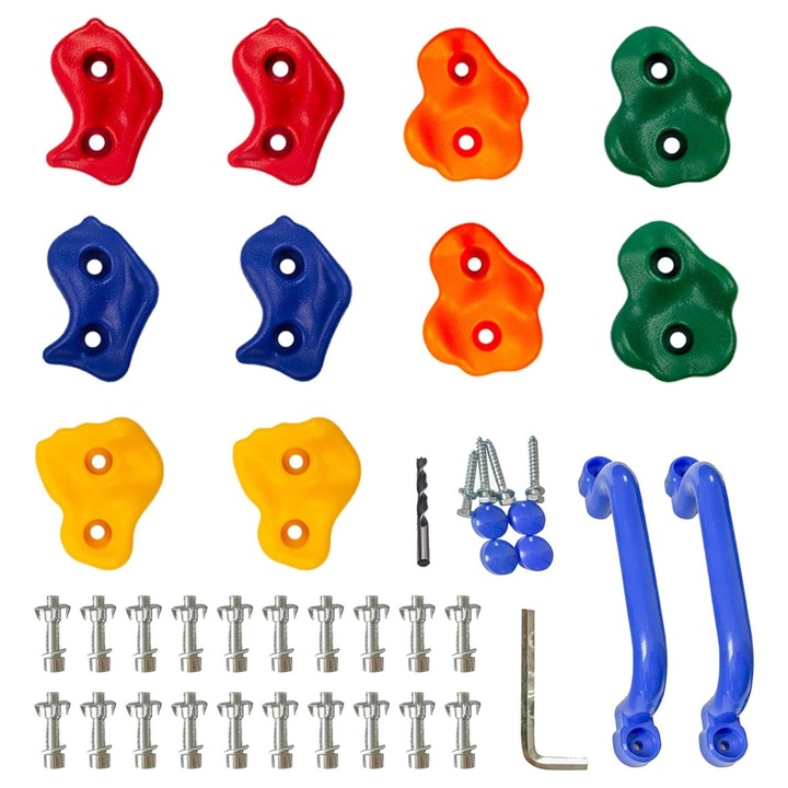 Set de 10 Pietre de Catarat Colorate pentru Copii, Ideal pentru Crearea unui Perete de Catarat Personalizat, Activitate DIY pentru Dezvoltarea Agilitatii si Coordonarii, Include Suruburi si Chei de Montare