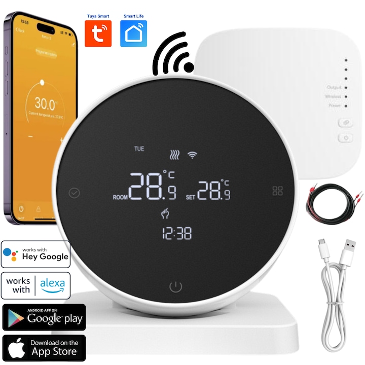 Termostat de ambient inteligent BIRAI® Controlat Prin Internet/Smartphone Programabil WiFi din Aplicatia Tuya sau Smart Life, Alexa si Google Home, Compatibil cu Orice Centrala Termica, Receiver inclus Functi Smart Control Vocal Blocare Pentru Copii, Alb