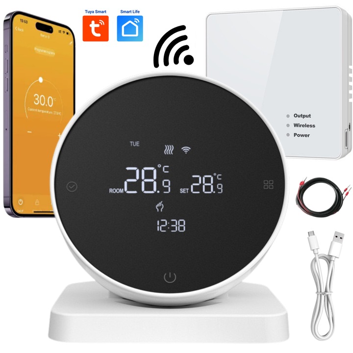 BIRAI® vezeték nélküli szobatermosztát / Okostelefonon keresztül vezérelhető WiFi Tuya vagy Smart Life, Alexa és Google Home alkalmazásból programozható, kompatibilis bármely központi fűtőegységgel, gyerekzár, fehér