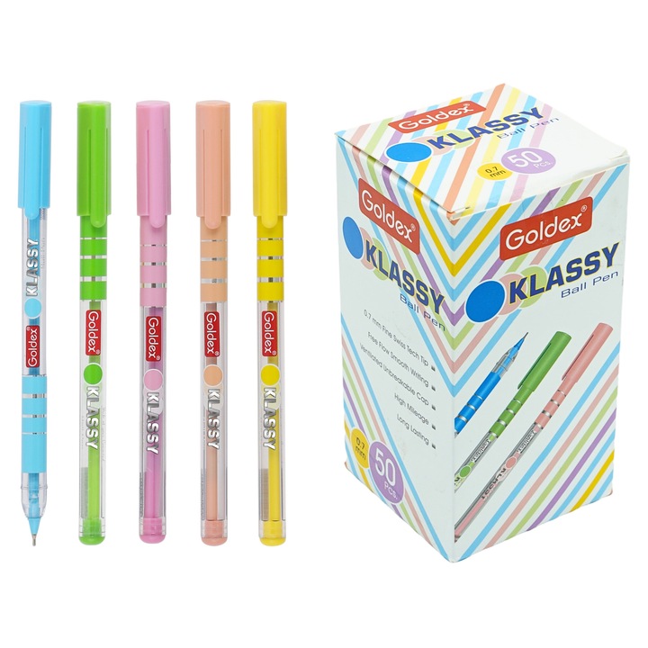 Химикалка Goldex - Klassy, 50 бр/кутия, връх 0.7 мм, син цвят, пластмасова