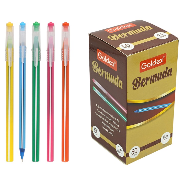 Pix Goldex - Bermuda, 50 buc/cutie, varf 0,7 mm, culoare albastra, plastic