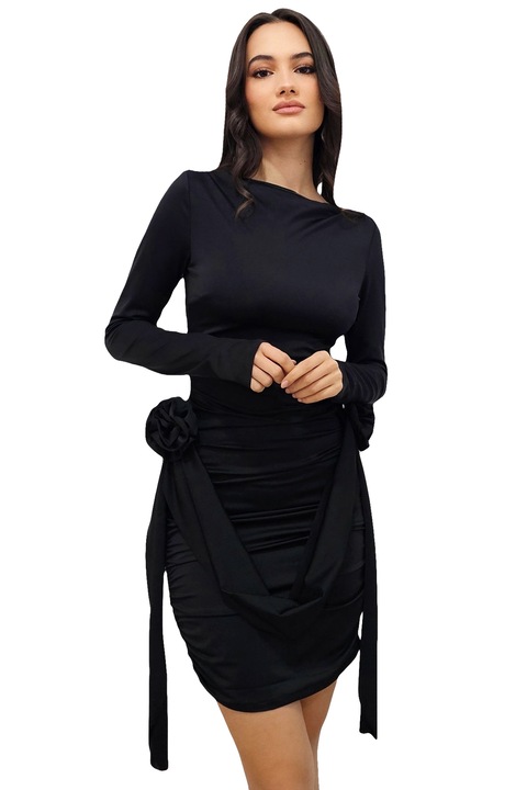 Rochie eleganta Jordana, cu aplicatii florale si fronseuri laterale, Negru, Marime universala S/M, FashionForYou