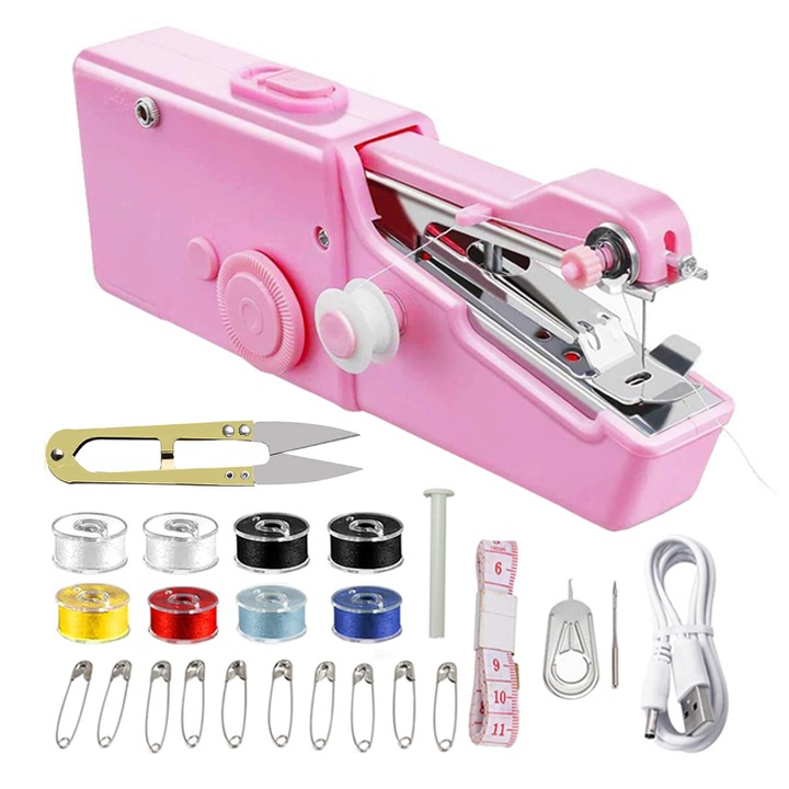 Мини преносима шевна машина, ръчна, практична, с аксесоари, лесна за използване, USB кабел, пластмаса/метал, розова