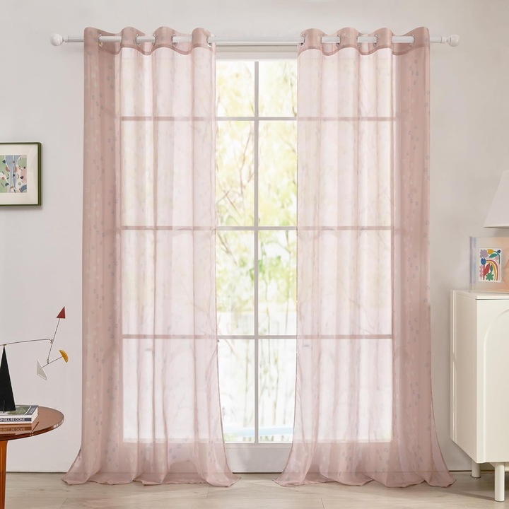 Пердета TOPICK с полупрозрачна мрежа, лен, 140 х 290 см, розови