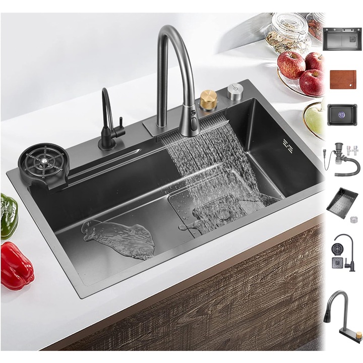 Chiuveta Multifunctionala, Daboza, cu Cos de Spalat Fructe, cu Cascade, Baterie Extensibila cu Furtun de 60 de cm, Rotire 360°, Scurgator de Vase Detasabil, Dimensiune 680x450mm