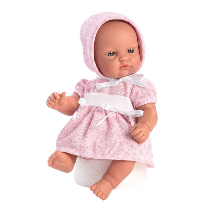 Papusa bebelus Asi, 28cm, vinil, ochi albastri, set cadou roz