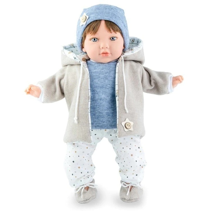 Papusa Teo Winter, Marina & Pau, bluzita albastra, pantaloni albi cu buline, 30x45cm