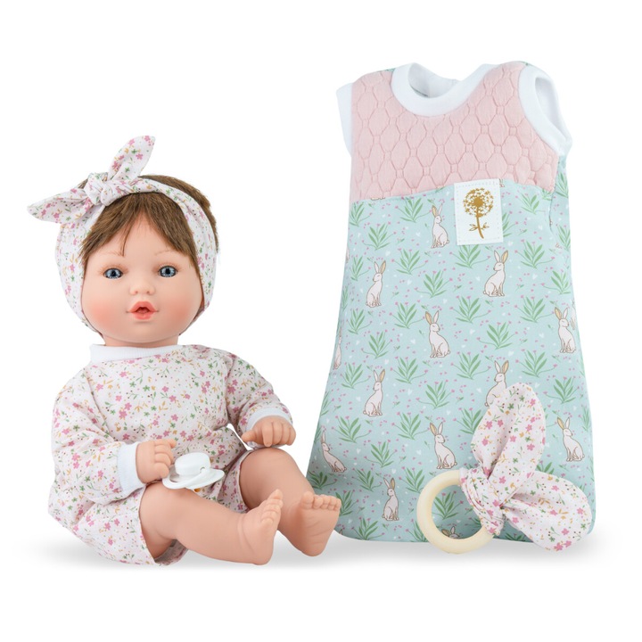 Papusa Marina & Pau, Petite, 40cm, bruneta, rampers floral, set cu suzeta si jucarie