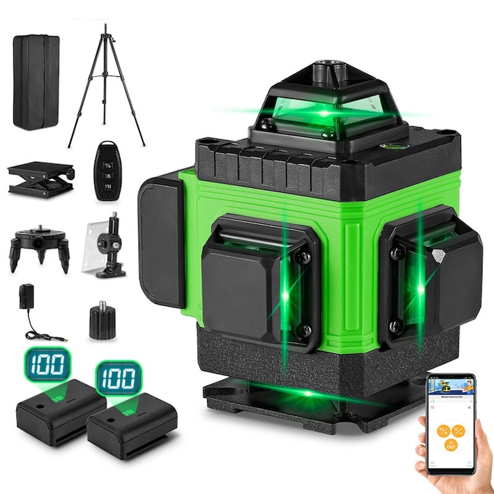 Лазерен нивелир HGLINE 4D с 16 линии, дистанционно управление, 2 батерии, зелен и черен, статив 120см