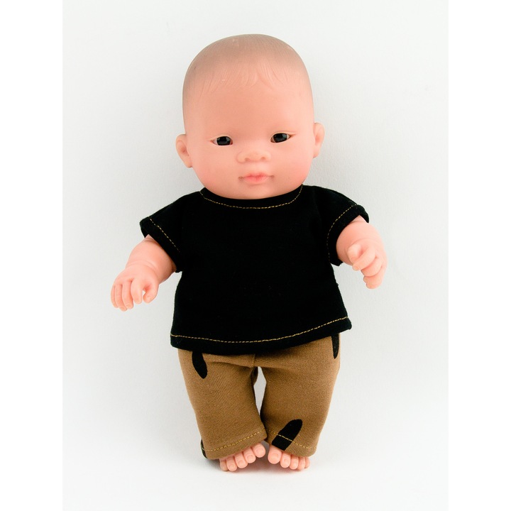Miniland Baby Doll jelmez szett, fekete blúz és barna rövidnadrág fekete pöttyökkel, 21cm