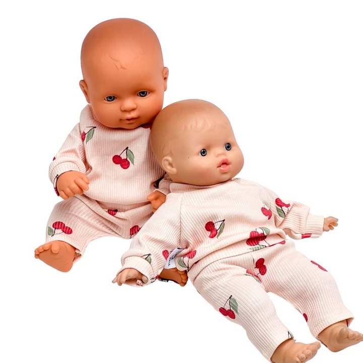 Babaruha szett, Przytullale, cseresznyemintás blúz és nadrág, barack, 28x32cm