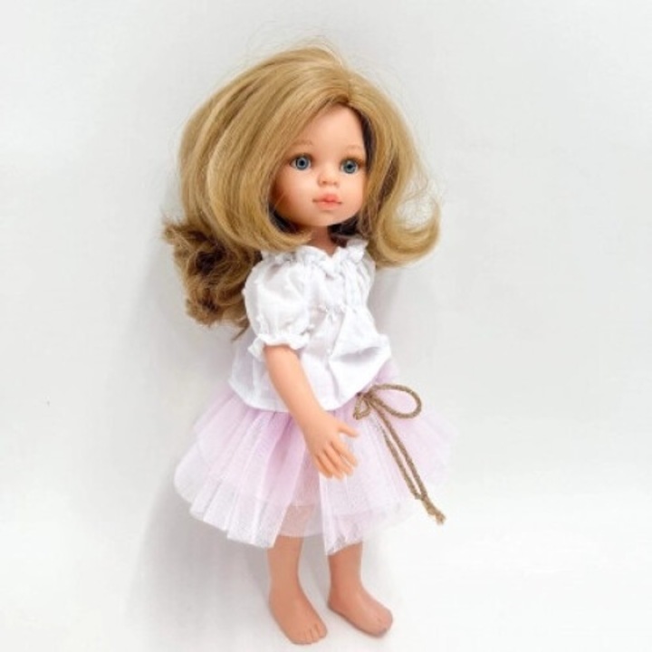 Set haine pentru papusi Paola Reina Amigas, bluza alba si fusta tutu, nude/lavanda, 32cm