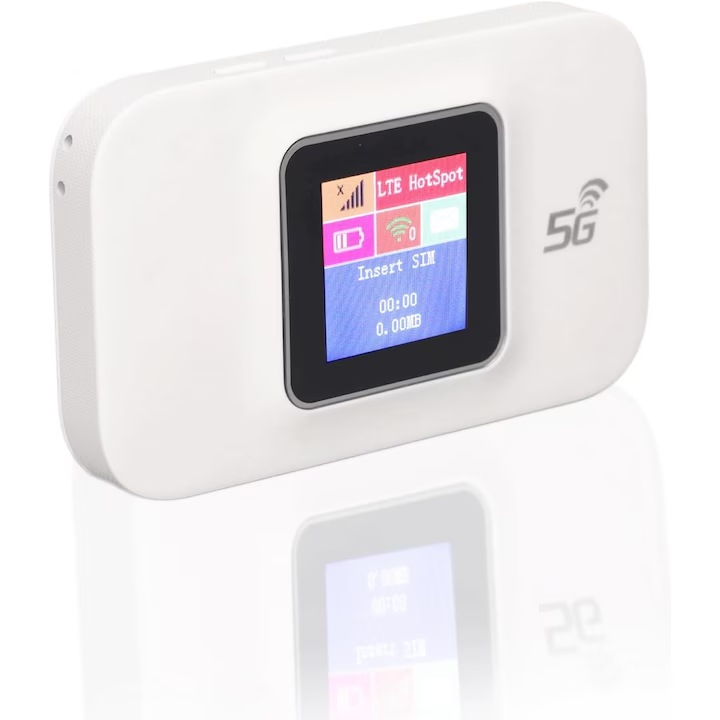 Zseb WIFI modem 4/5G, Több csatlakozás, Fehér, Akku- és kártyanyílással, LCD képernyő