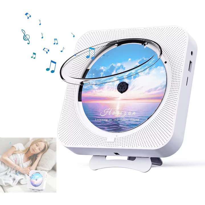Преносим CD плейър, съвместим с аудио формати CD/CD-R/CD-RW/MP3/WMA, Bluetooth5.1, Бял