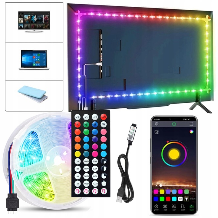Banda LED 5m RGB 5050, control Bluetooth, set complet