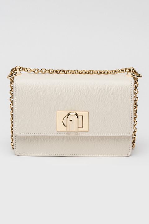 Furla, Geanta crossbody din piele cu bareta din lant si protectie pentru umar, Alb murdar