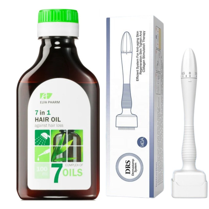 Set Tratament Impotriva Caderii Parului: Ulei Elfa Pharm 7 in 1, DermaStamp cu marimi reglabile 0.5 mm - 3 mm pentru Stimularea Cresterii Parului