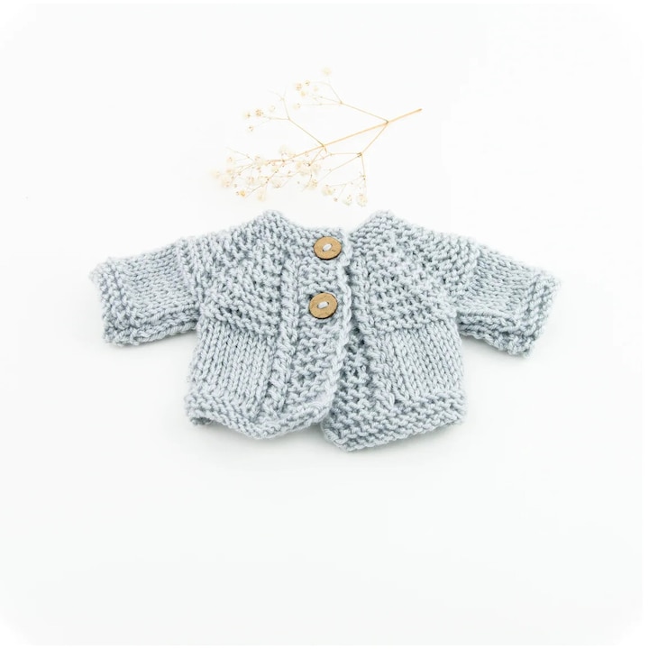 Kötött pulóver Miniland babákhoz 38 cm, szürke, kiegészítő szett