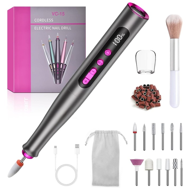 Акумулаторна пила за нокти Elindor, безжична електрическа пила за маникюр и педикюр, 35 000 RPM, 15 аксесоара, LED дисплей, ергономичен дизайн, черен