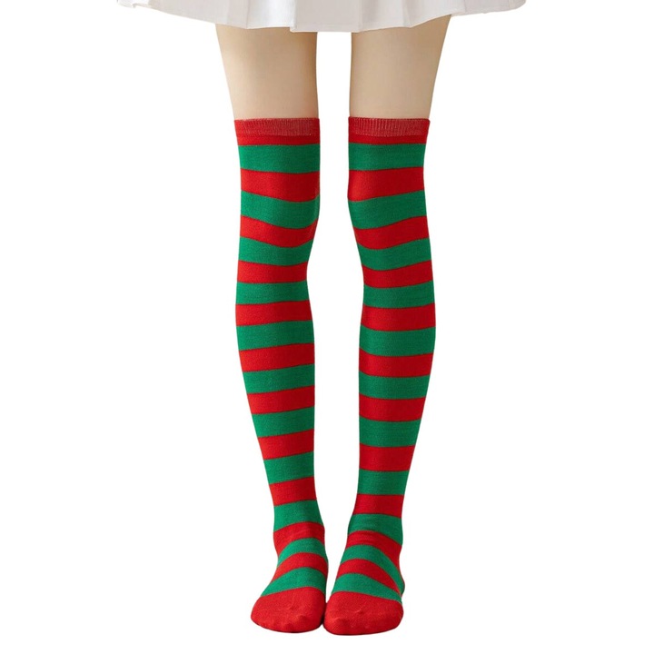 Sosete peste genunchi pentru fete, model Craciun Verde-Rosu, cu calcai 20-25cm, Marimea 35-40EU, Varsta 9-14ani, Lungime de la calcai 50cm, elasticitate pana la 70cm