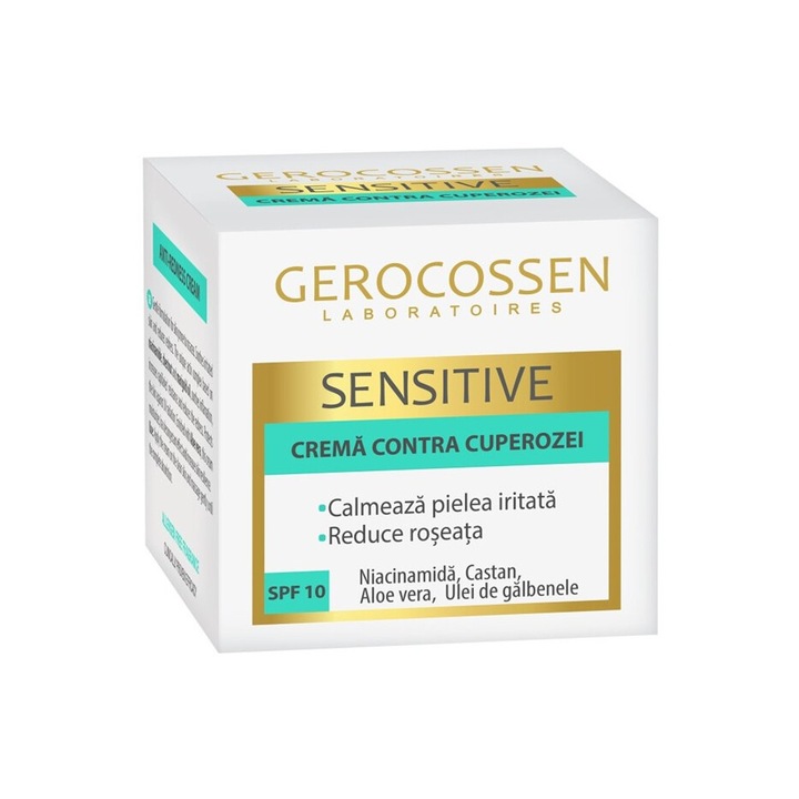 Crema contra cuperozei SPF 10 cu Niacinamida, Castan Aloe Vera si Ulei de galbenele gama Sensitive 50 ml, Gerocossen