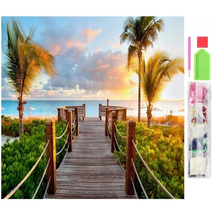 Set de broderie cu diamante 5D, model Palmieri, 30x30 cm, accesorii incluse, multicolor