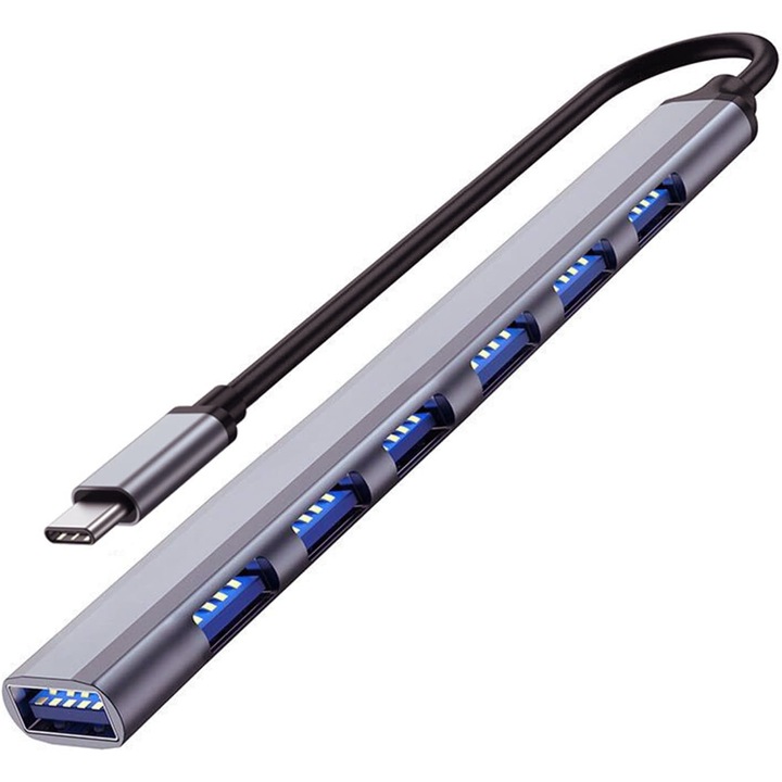 Hub USB, Novaza Tech, tip C 3.0, 1x USB, 3.0, 6x USB, 2.0, Plug and Play, Carcase din aluminiu