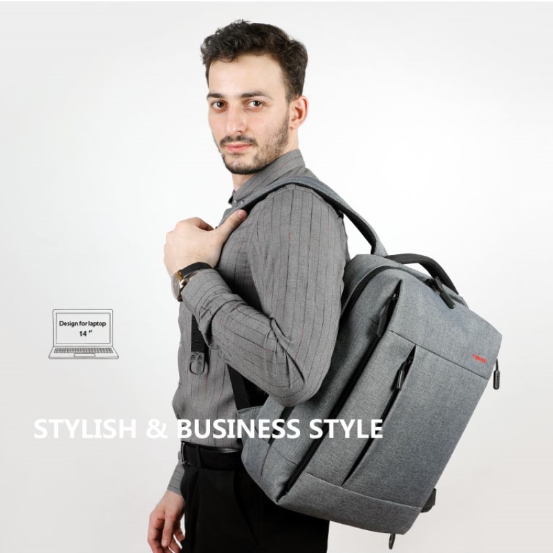 Rucsac laptop 14" smart casual, robust, impermeabil, cu port USB, Tigernu, 39x17x41 cm, Gri